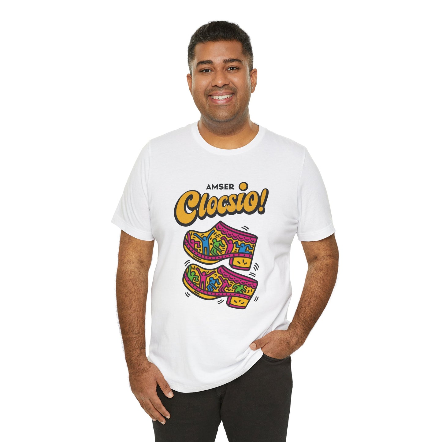 Amser Clocsio! Graphic Unisex Tee — Colourful Keith Haring Inspired T-Shirt