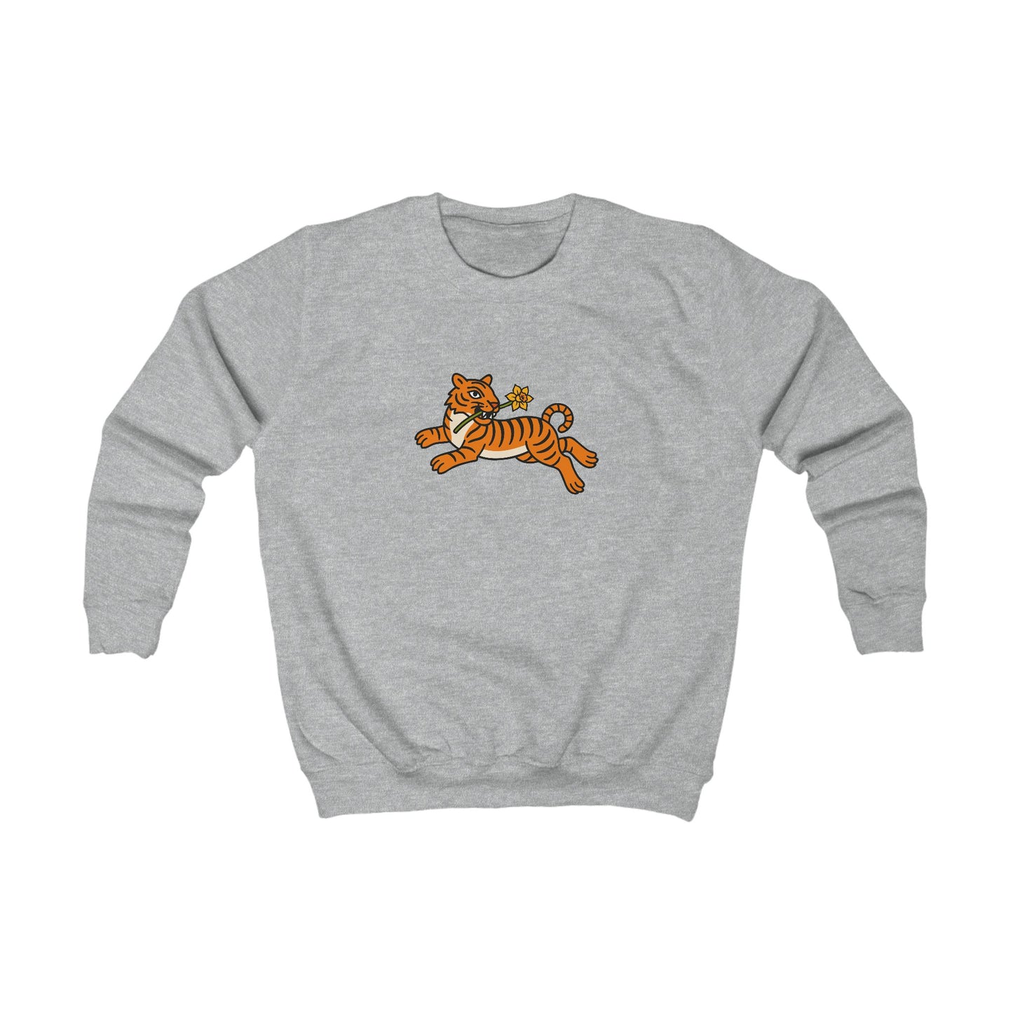 Kids Tiger & Daffodil Jumper — Playful Leaping Tiger Graphic