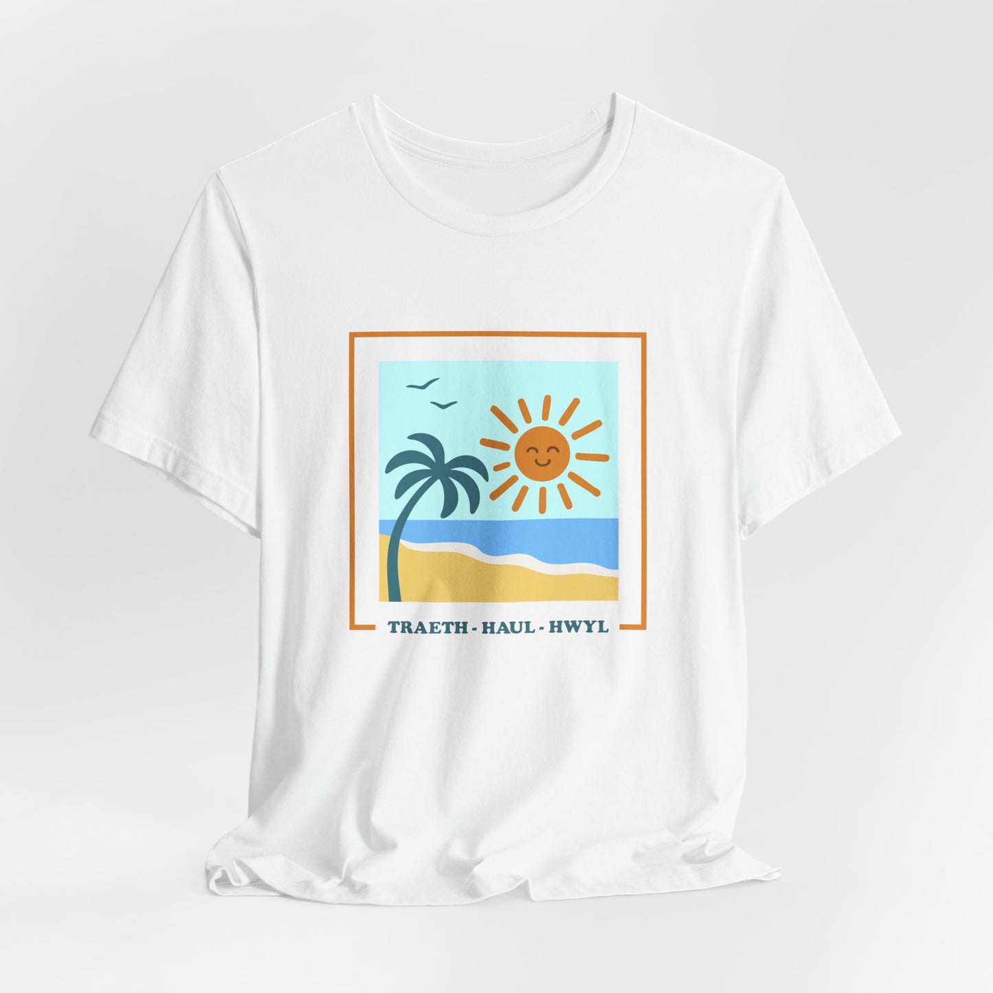 Beach Scene T-Shirt — "Traeth · Haul · Hwyl" Sunny Palm Unisex Tee