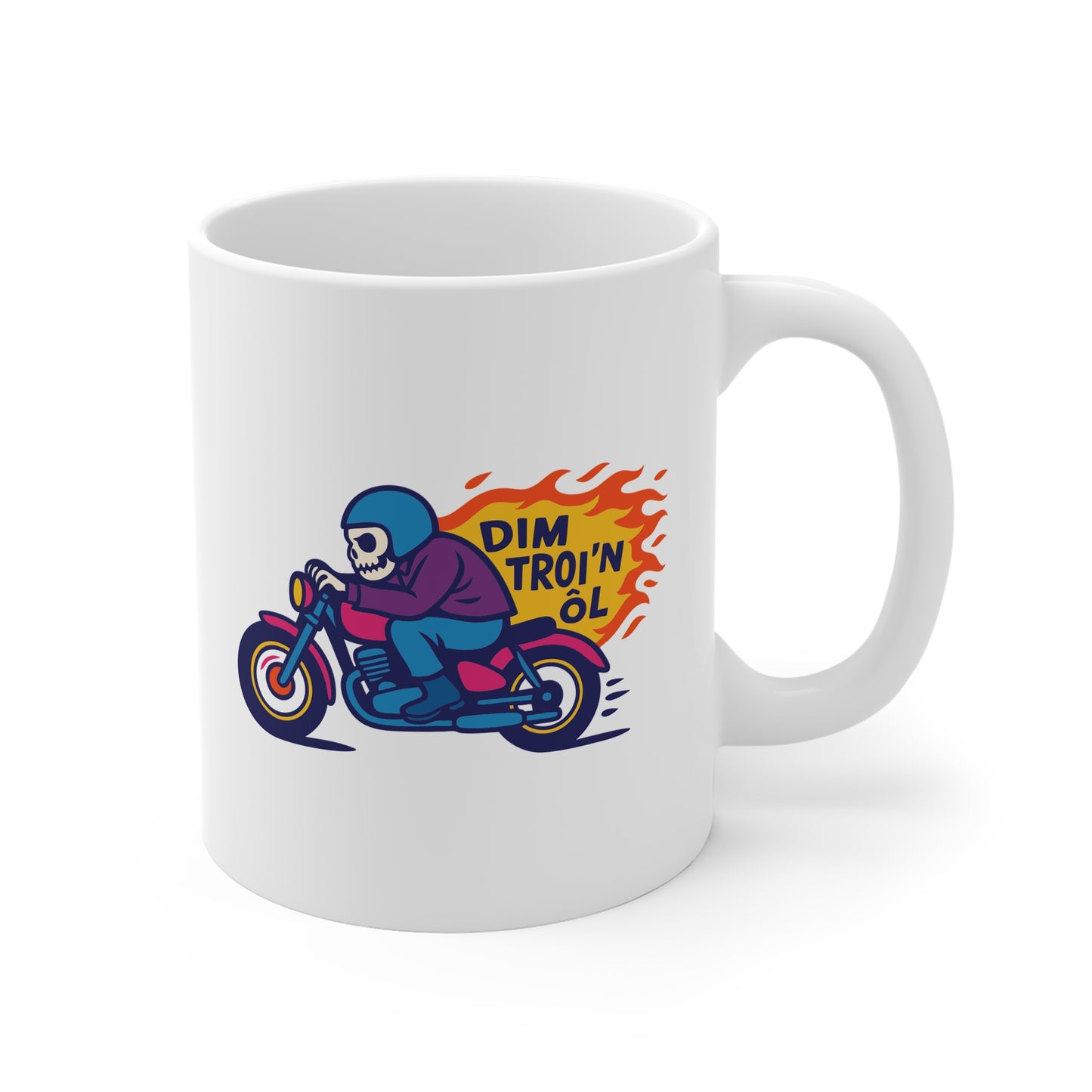 'Dim troi'n ôl' Graphic Mug - Motorcycle Skeleton Design