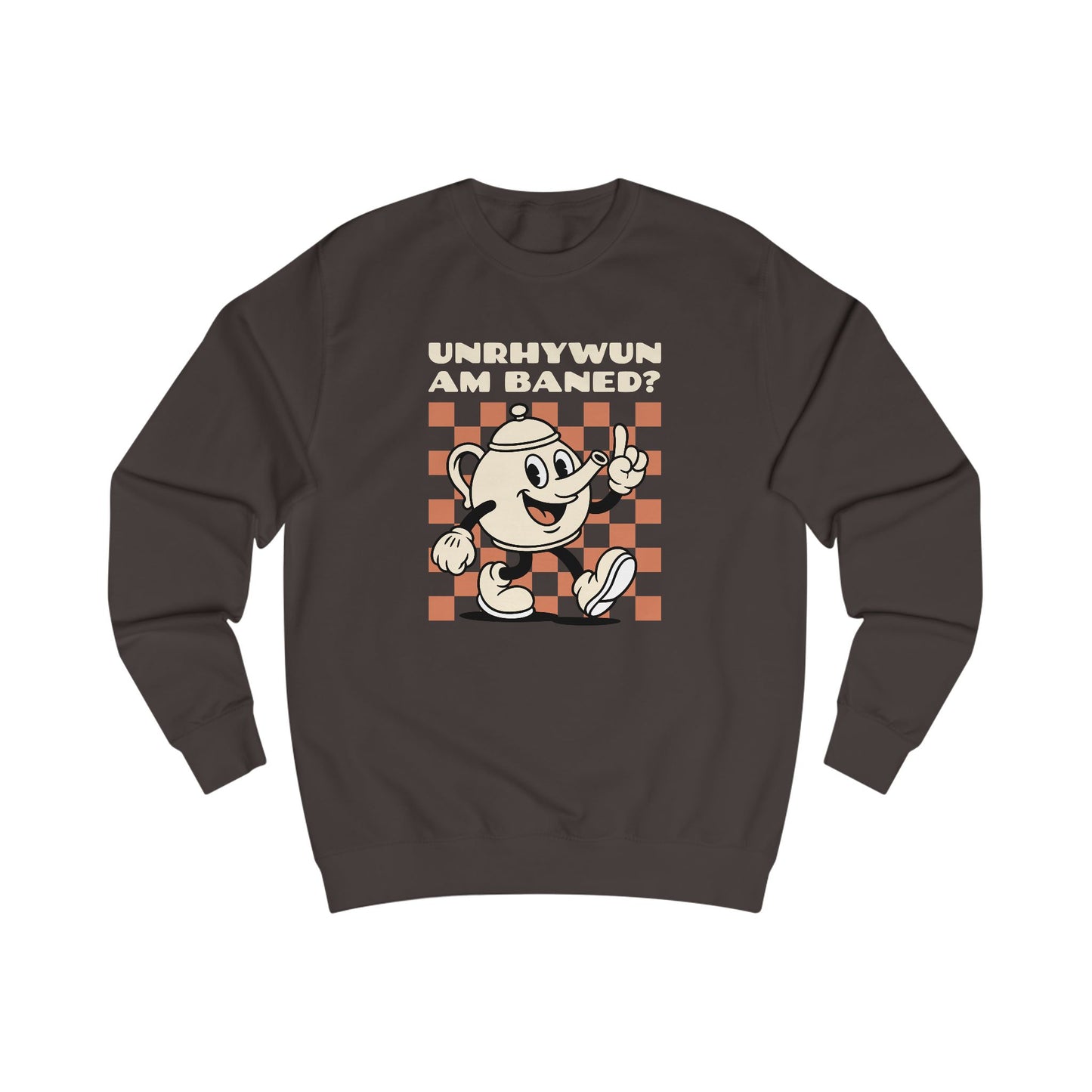 Vintage Cartoon 'Unhrywun Am Baned?' Sweatshirt — Retro Checkerboard Graphic