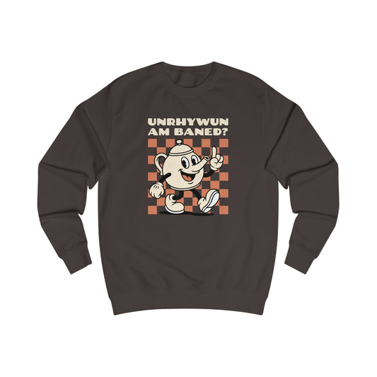 Vintage Cartoon 'Unhrywun Am Baned?' Sweatshirt — Retro Checkerboard Graphic