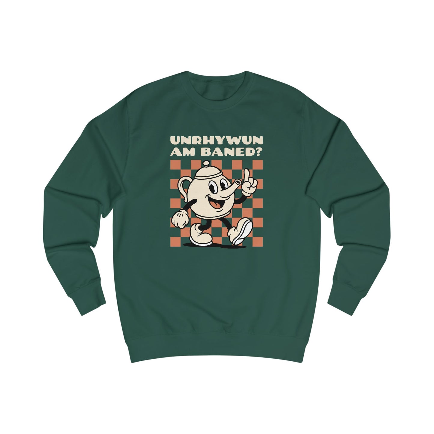 Vintage Cartoon 'Unhrywun Am Baned?' Sweatshirt — Retro Checkerboard Graphic