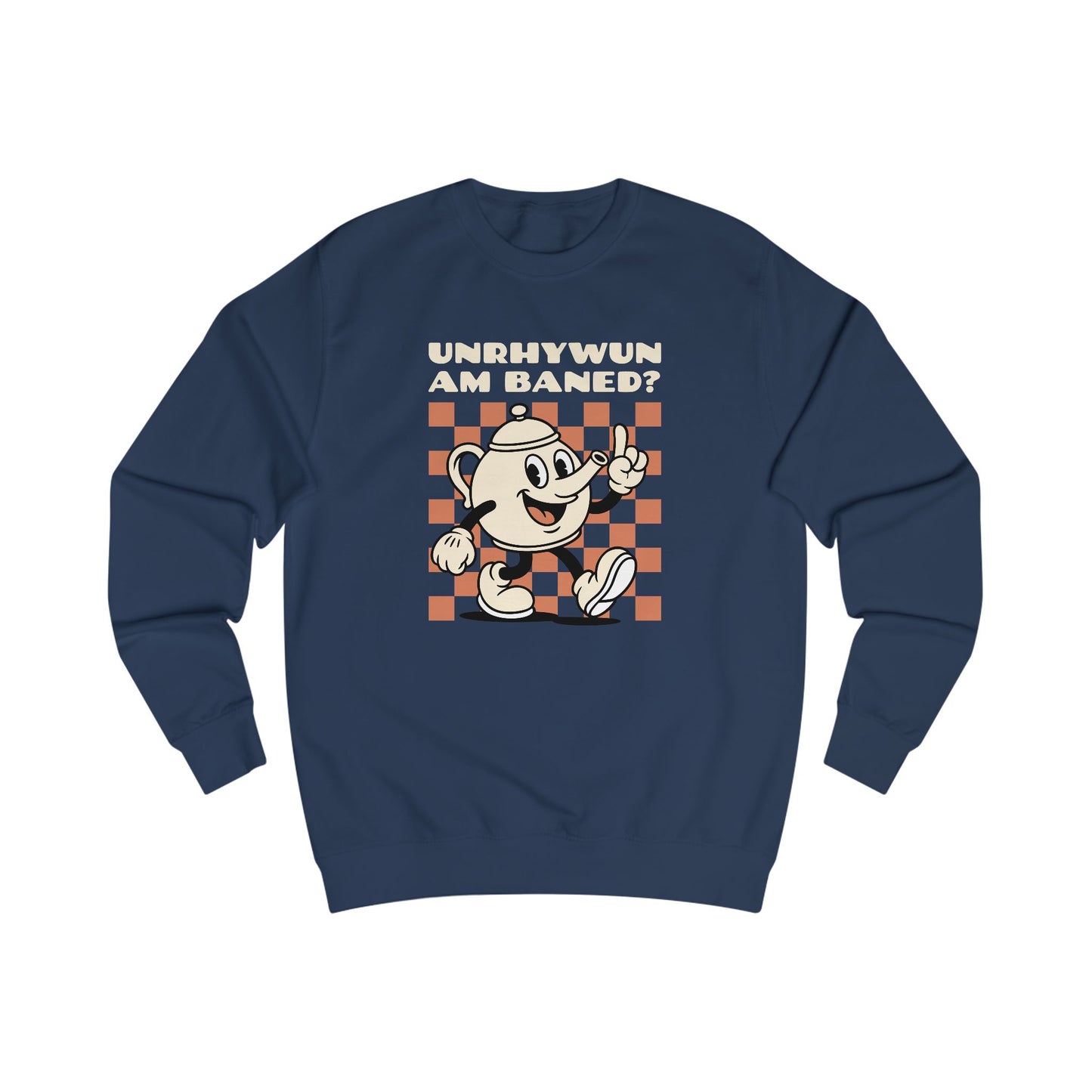 Vintage Cartoon 'Unhrywun Am Baned?' Sweatshirt — Retro Checkerboard Graphic