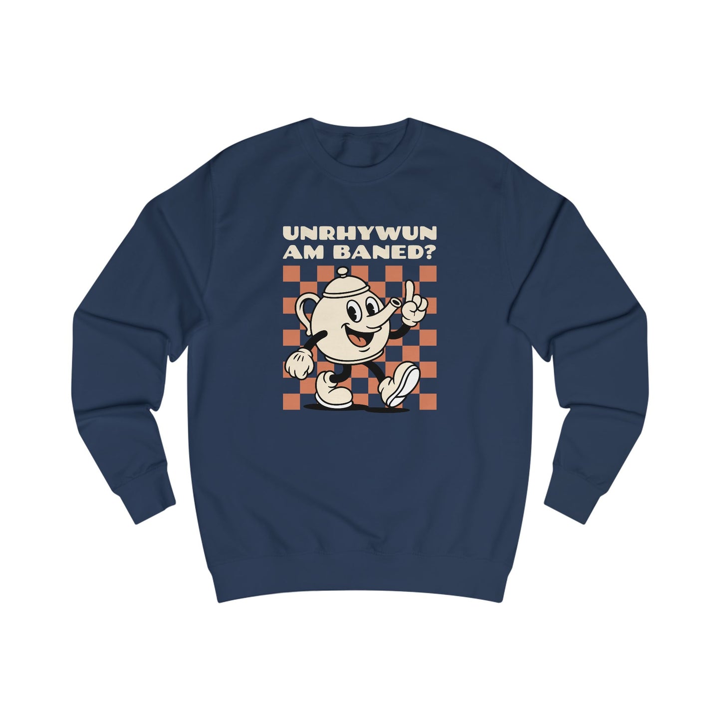 Vintage Cartoon 'Unhrywun Am Baned?' Sweatshirt — Retro Checkerboard Graphic
