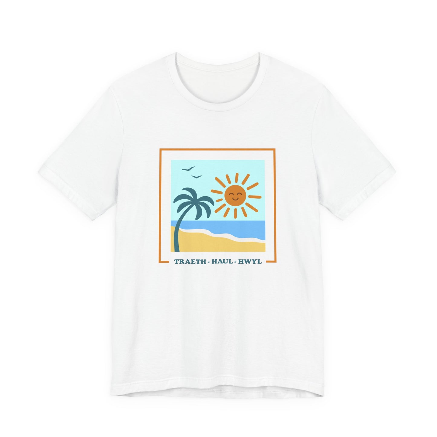 Beach Scene T-Shirt — "Traeth · Haul · Hwyl" Sunny Palm Unisex Tee