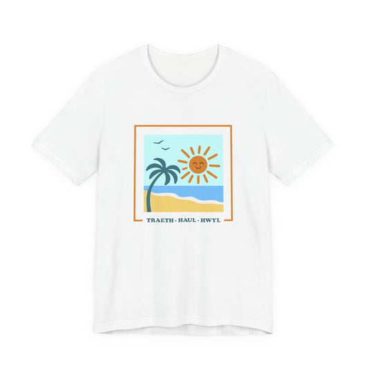 Beach Scene T-Shirt — "Traeth · Haul · Hwyl" Sunny Palm Unisex Tee