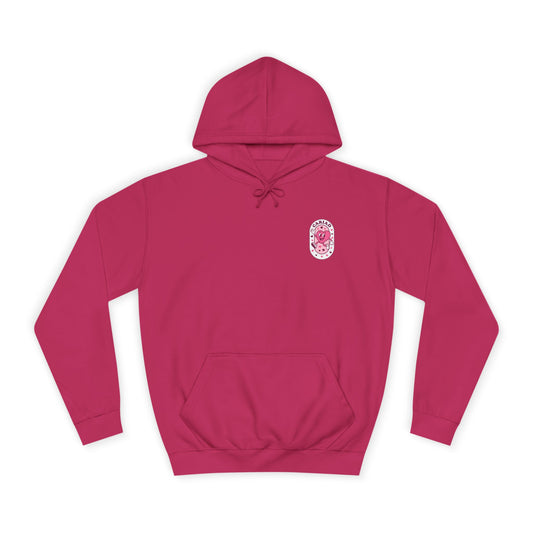 College Hoodie with Pink Floral Crest – Vintage Campus Logo Pullover