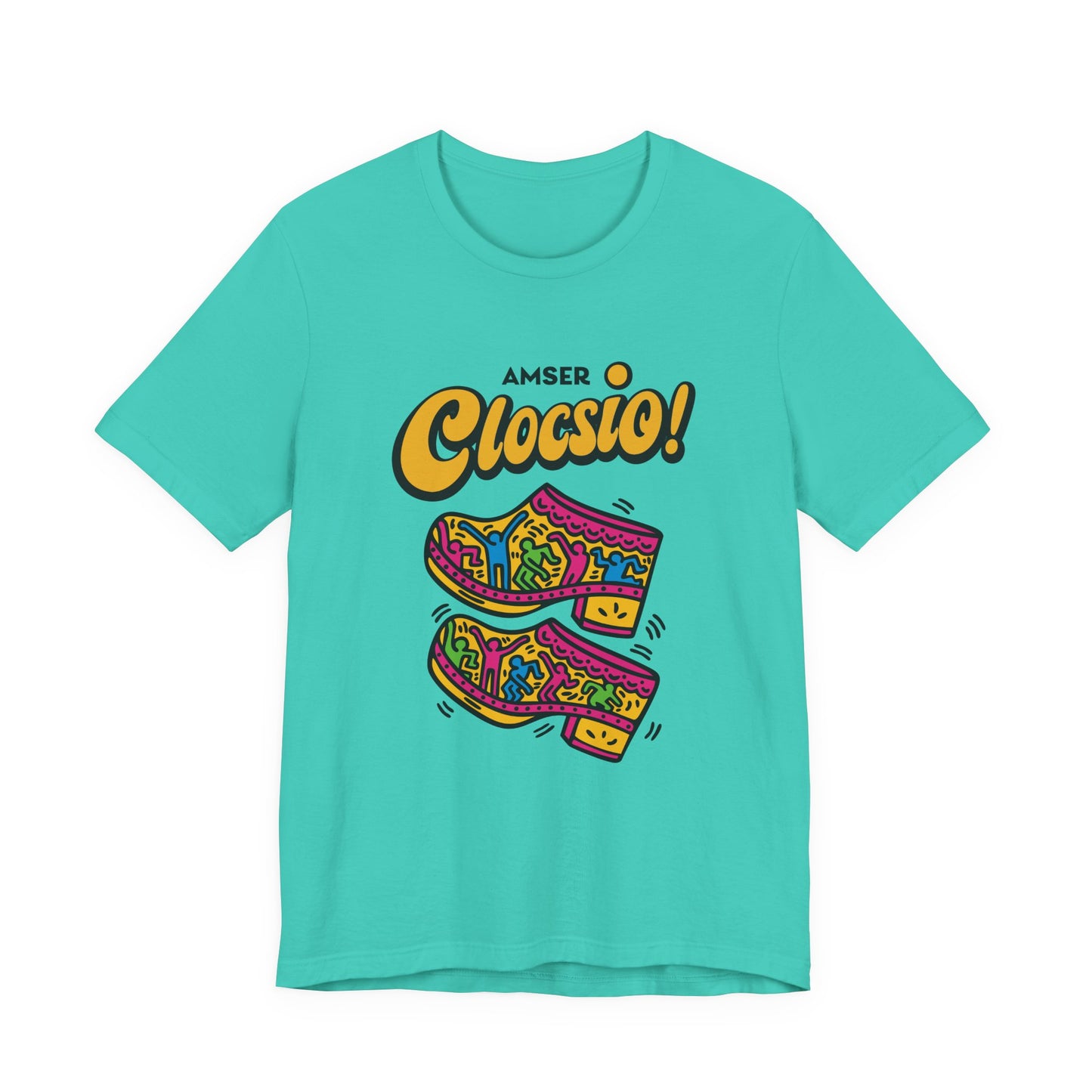 Amser Clocsio! Graphic Unisex Tee — Colourful Keith Haring Inspired T-Shirt
