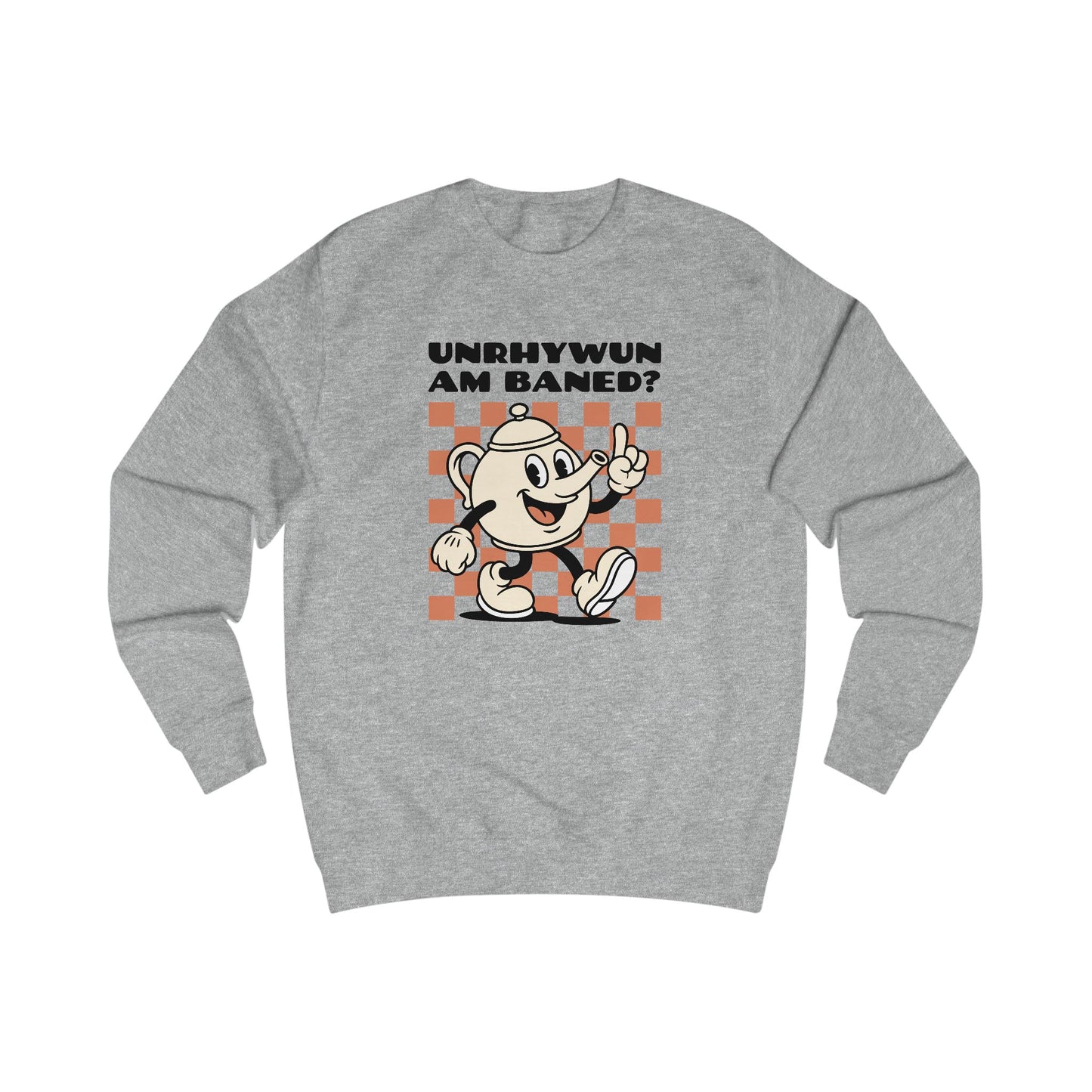 Vintage Cartoon 'Unhrywun Am Baned?' Sweatshirt — Retro Checkerboard Graphic