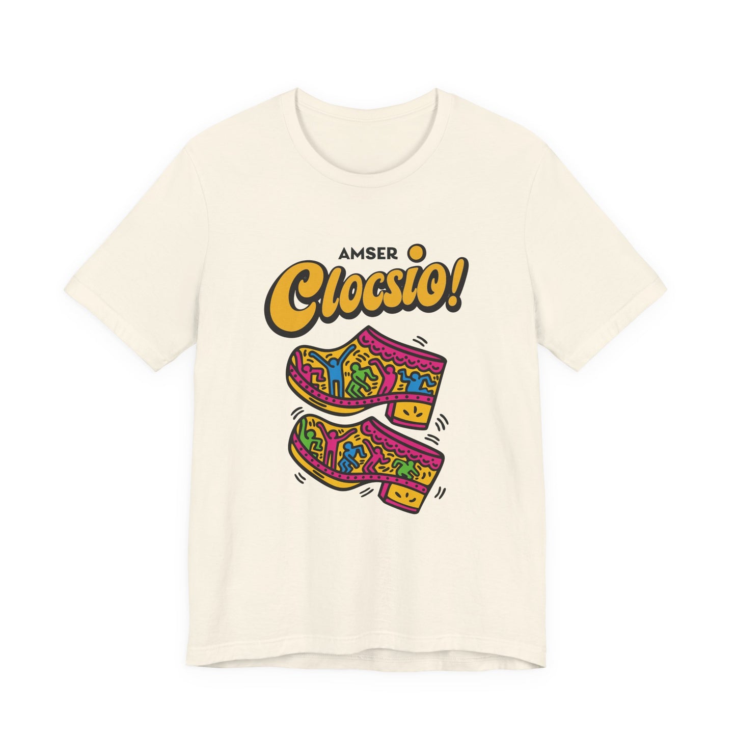 Amser Clocsio! Graphic Unisex Tee — Colourful Keith Haring Inspired T-Shirt