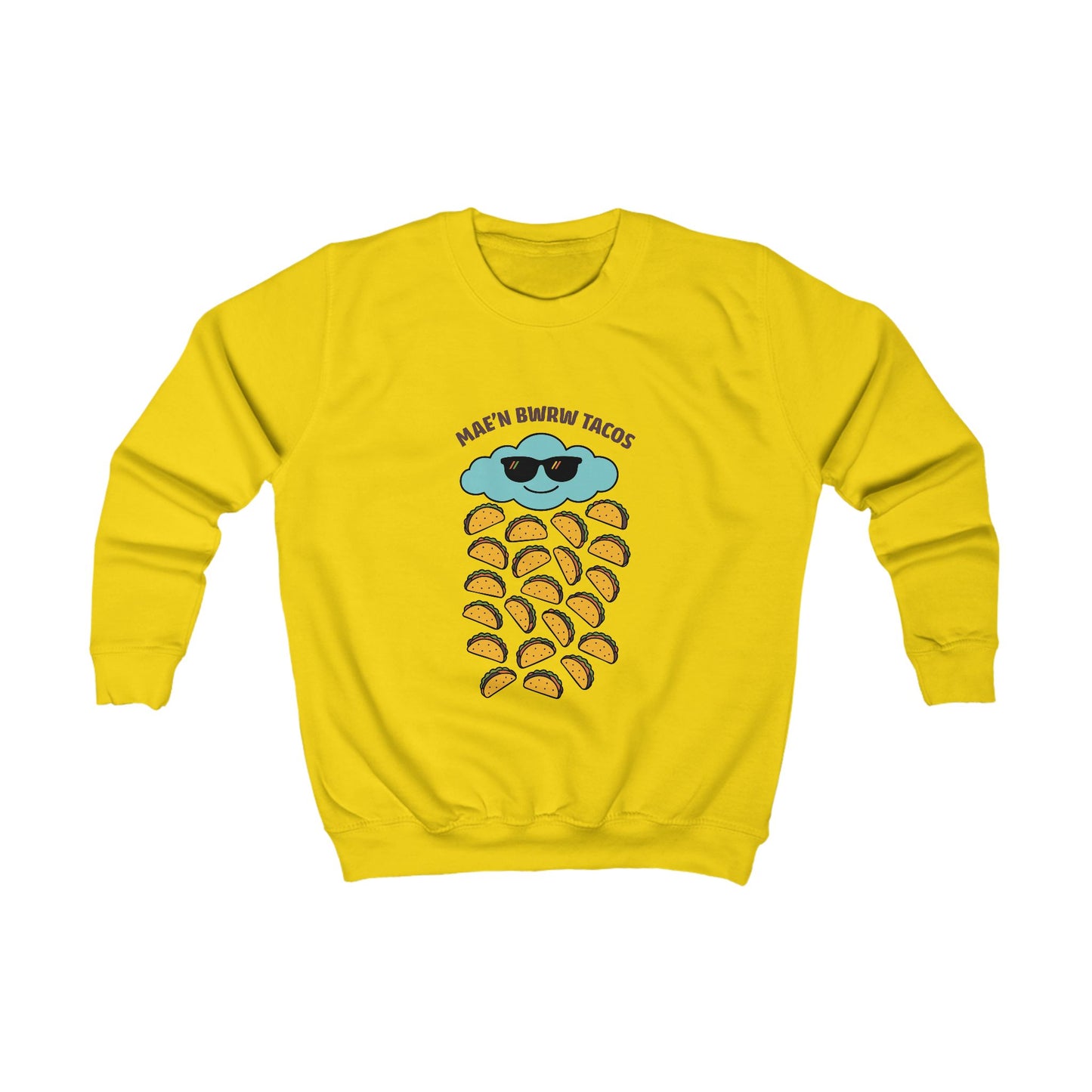 Kids 'Raining Tacos' Welsh Sweatshirt — "Mae'n Bwrw Tacos"
