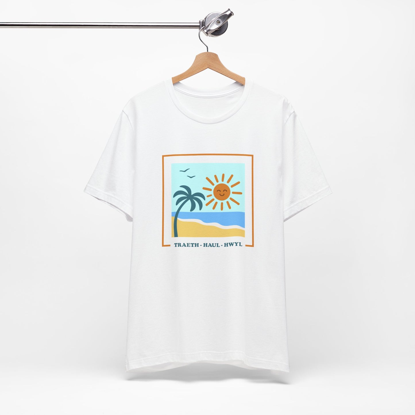 Beach Scene T-Shirt — "Traeth · Haul · Hwyl" Sunny Palm Unisex Tee